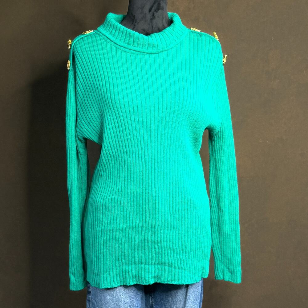 Vintage St. John Collection by Marie Gray Sweater Gold Button Teal Green Size M